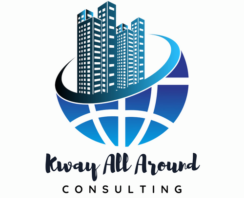 Logo for Kway All Around Consulting with city skyline and globe design.
